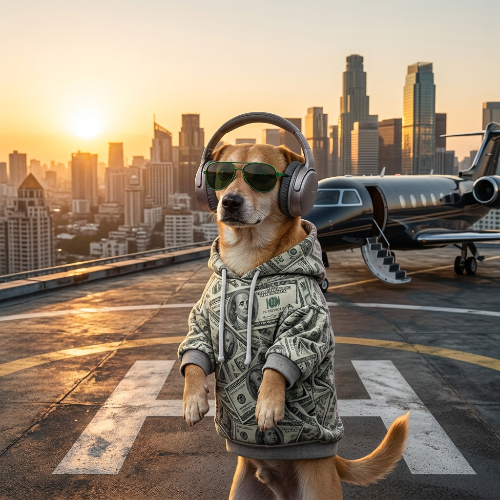 $CashDOG mascot in a money-print hoodie in front of a private jet