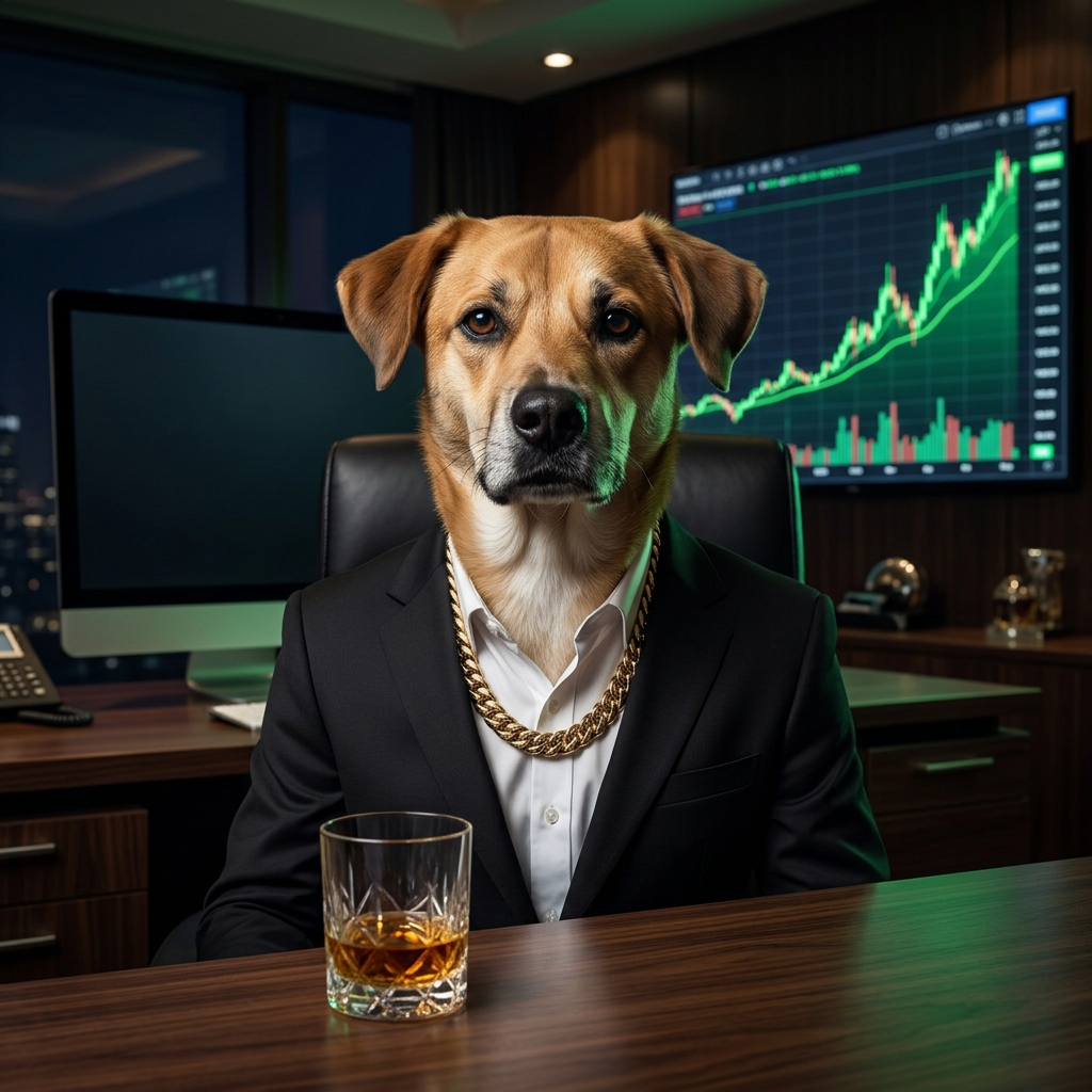 $CashDOG mascot in a suit and gold chain with green charts behind